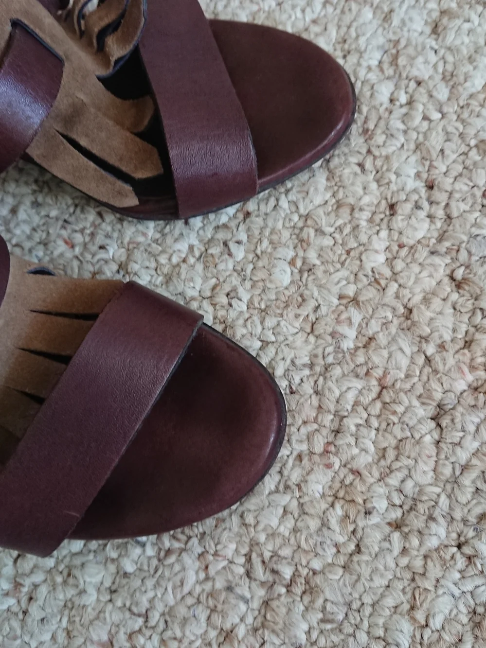 MINELLI Brown Leather with Suede fringe strap Block Heel Sandals size 8